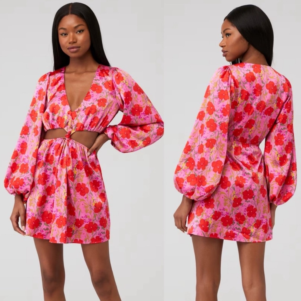 Show Me Your Mumu Christina Dress - S - Smooch Red/Pink Floral Cutout Mini Dress